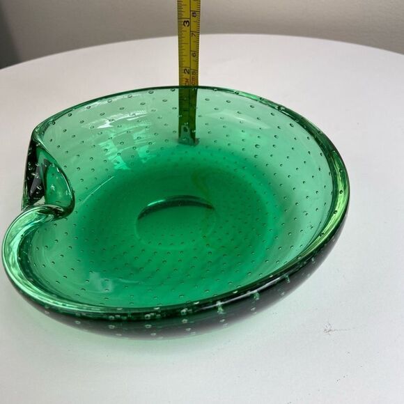 Vintage Emerald Green Bullicante Controlled Bubble Handblown Glass Dish Ashtray - Picture 9 of 11